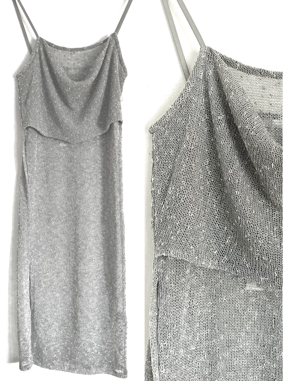 NWT Zara Semi Sheer Mesh Knit Midi Dress Gray Cowl Neck Stretch S Beach Cocktail